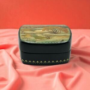 Vintage Russian Lacquerware Fedoskino Mother of Pearl Trinket Box Ucha River COA